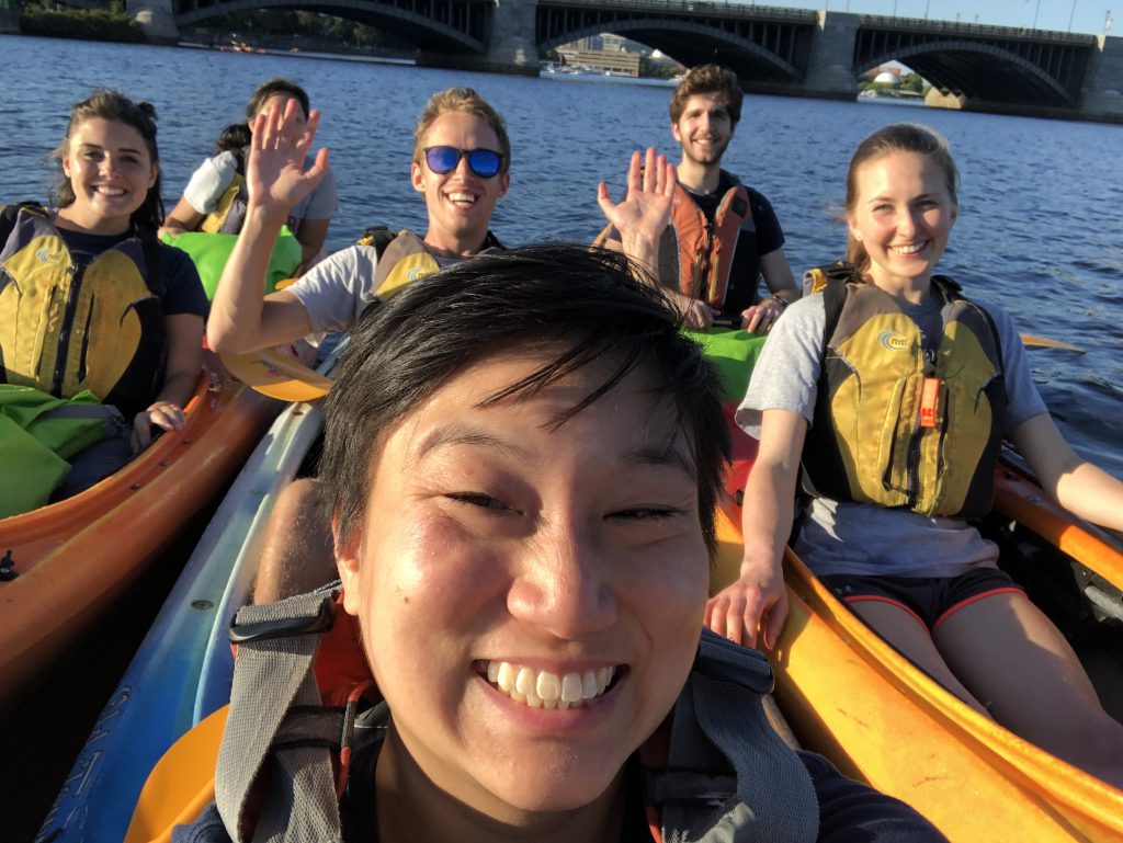 Lab members kayaking on the Charles river.